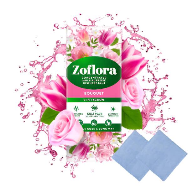 Zoflora bouquet packaging with pink roses and cleaning cloths on a white background