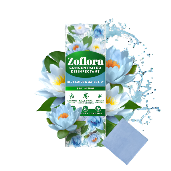 Zoflora concentrated disinfectant packaging with blue lotus and water lily design on a white background.