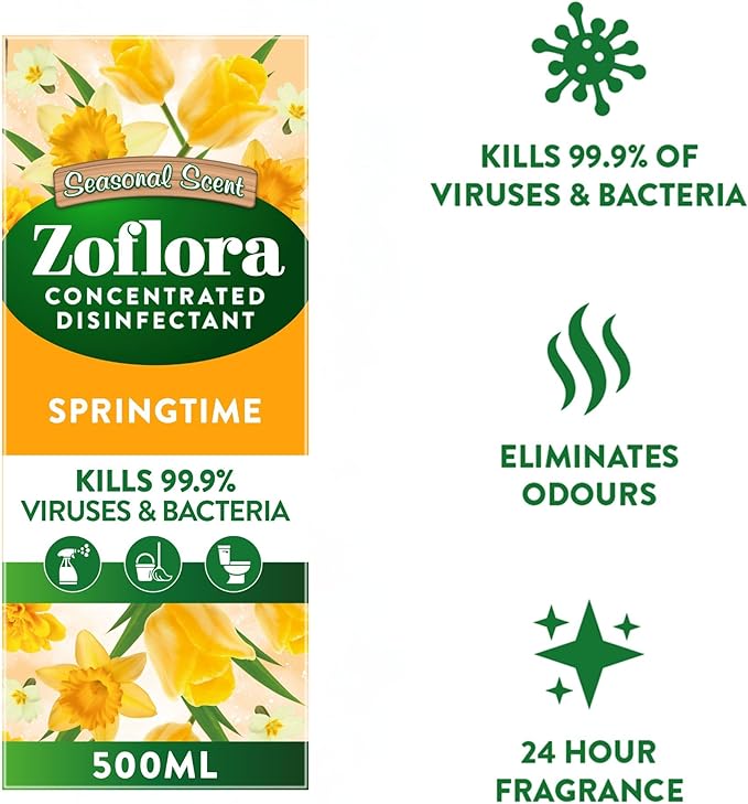 Zoflora Concentrated Disinfectant packaging with springtime scent and product features.