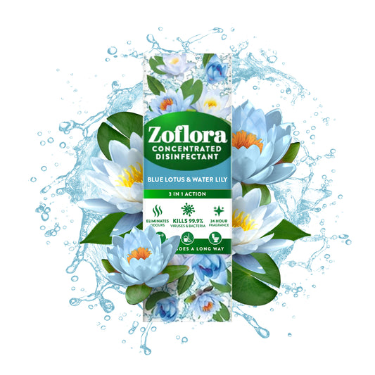 Zoflora concentrated disinfectant packaging with blue lotus and water lily design on a white background.