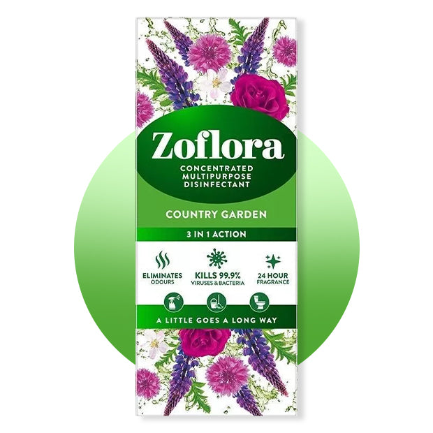 Zoflora concentrated multipurpose disinfectant packet with floral design on a white background