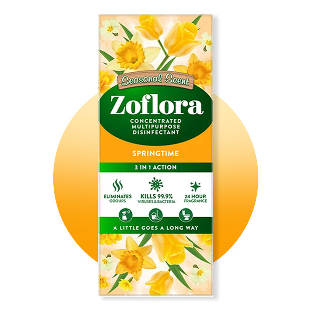 Zoflora Springtime concentrated multipurpose disinfectant packaging with floral design on a white background
