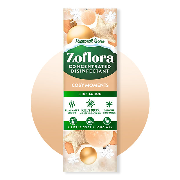 Zoflora concentrated disinfectant packaging with 'Cosy Moments' scent on a beige background