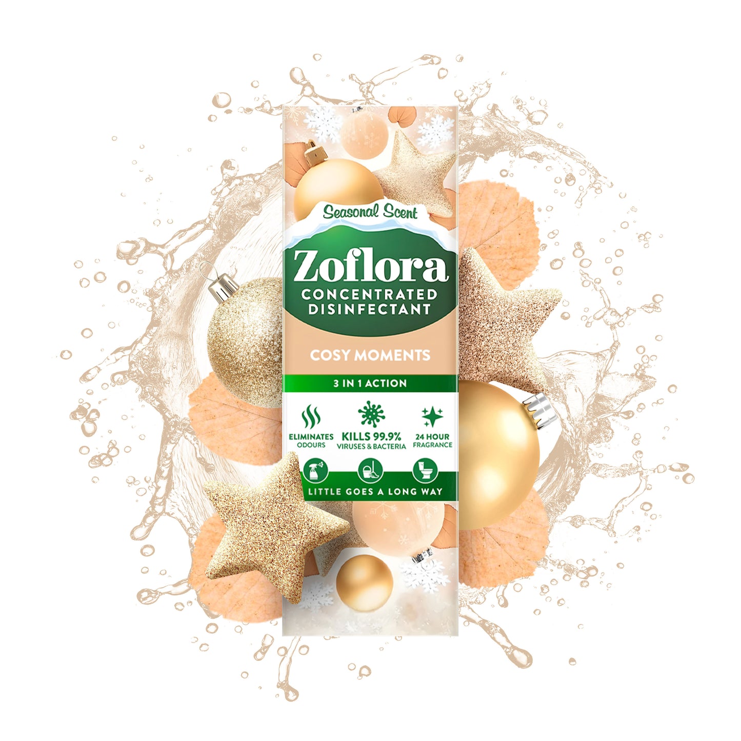 Zoflora concentrated disinfectant packet with Christmas ornaments on a white background