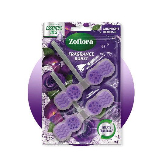 Zoflora fragrance burst packaging with purple and green design on a white background