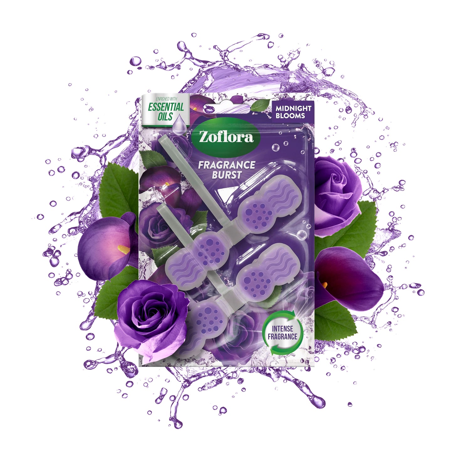 Zoflora fragrance burst packaging with purple flowers and water droplets on a white background