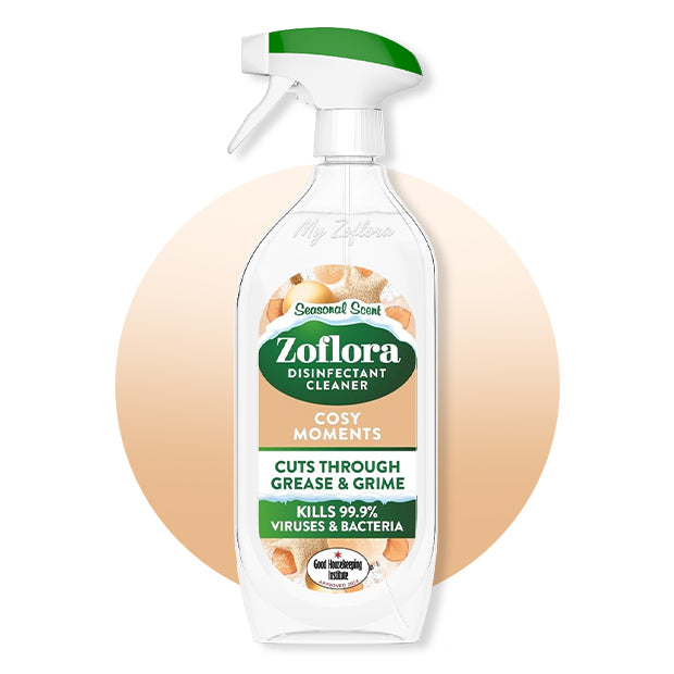 Zoflora disinfectant cleaner bottle with a green and white label on a beige background