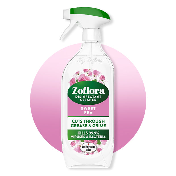 Zoflora disinfectant cleaner bottle with sweet pea fragrance on a white background