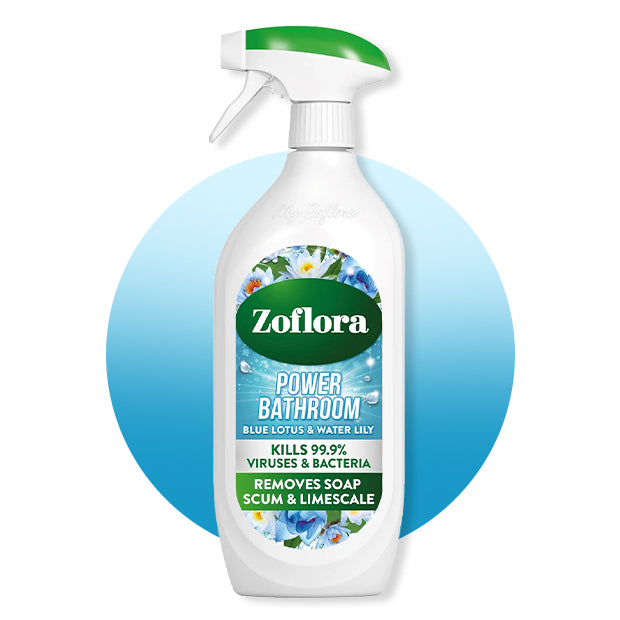 Zoflora Power Bathroom cleaner spray bottle with blue circular background