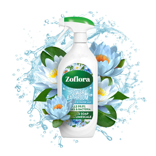 Zoflora bathroom cleaner bottle with water lily design on a white background