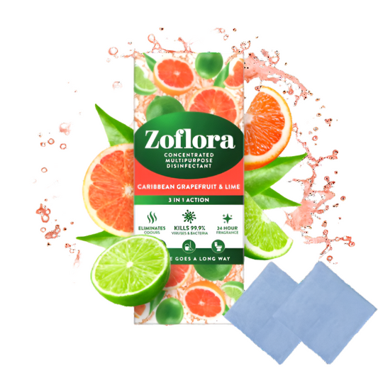 Zoflora product packaging with grapefruit and lime graphics on a white background