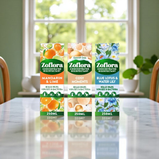 Zoflora Deluxe Fragrance Collection – 3 x 250ml Concentrated Disinfectants (Mandarin & Lime, Cosy Moments, Blue Lotus & Water Lily)