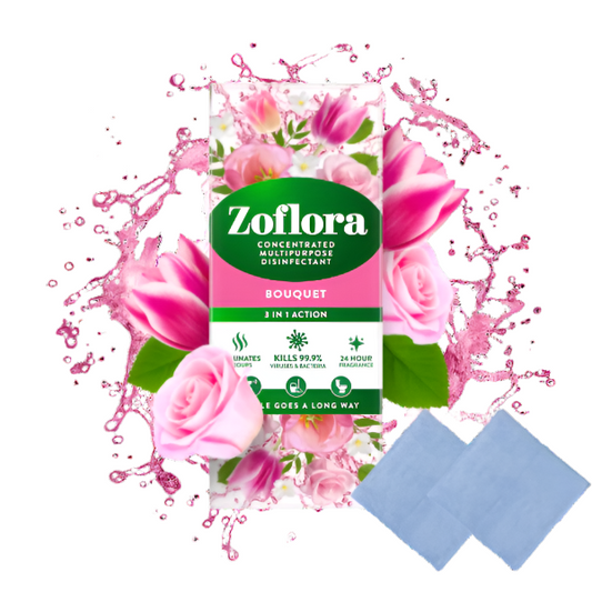 Zoflora bouquet packaging with pink roses and cleaning cloths on a white background