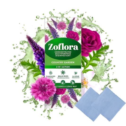 Zoflora product with flowers and cleaning cloths on a white background