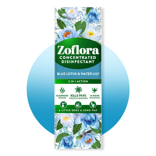 Zoflora concentrated disinfectant packaging with blue lotus and water lily design on a white background.