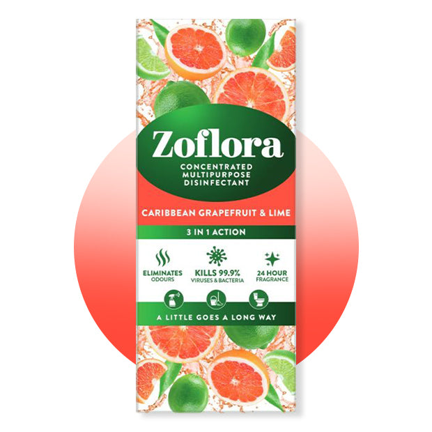 Zoflora concentrated multipurpose disinfectant packaging with grapefruit and lime design on a white background.