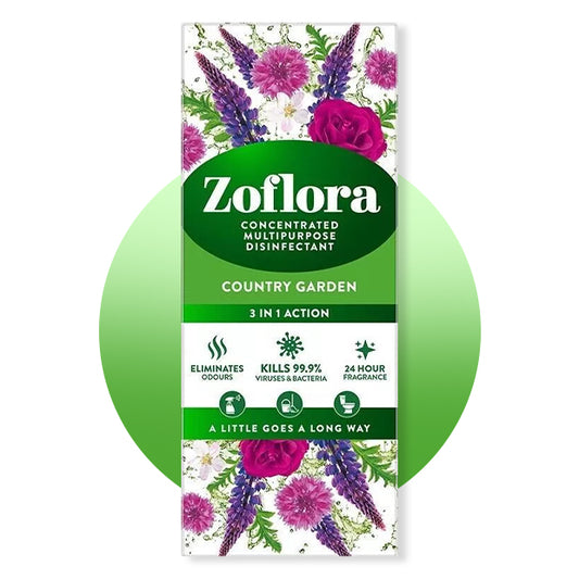 Zoflora concentrated multipurpose disinfectant packet with floral design on a white background