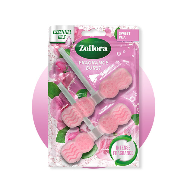 Zoflora fragrance burst packaging with pink and green design on a white background