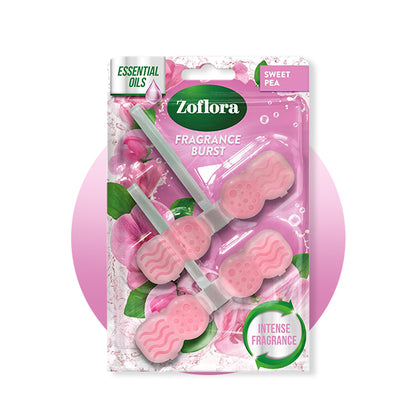 Zoflora fragrance burst packaging with pink and green design on a white background