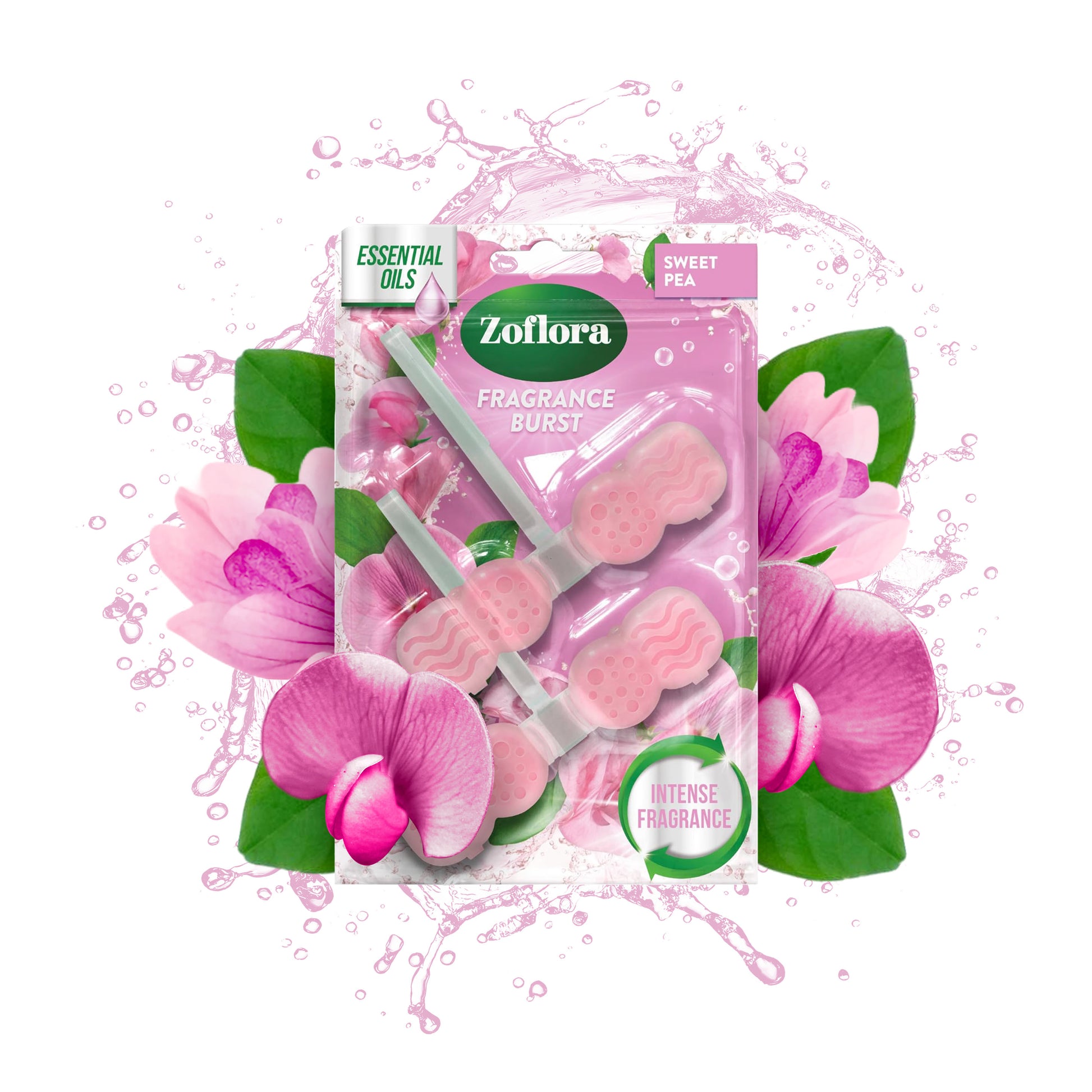 Zoflora fragrance burst packaging with pink flowers and green leaves on a white background