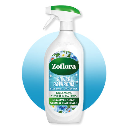 Zoflora Power Bathroom cleaner spray bottle with blue circular background