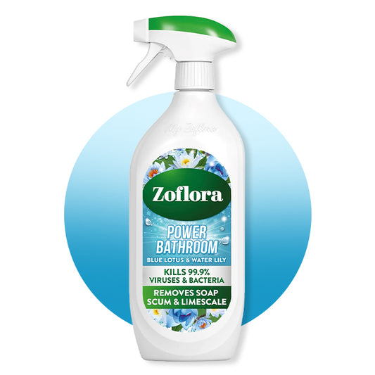 Zoflora Power Bathroom cleaner spray bottle with blue circular background